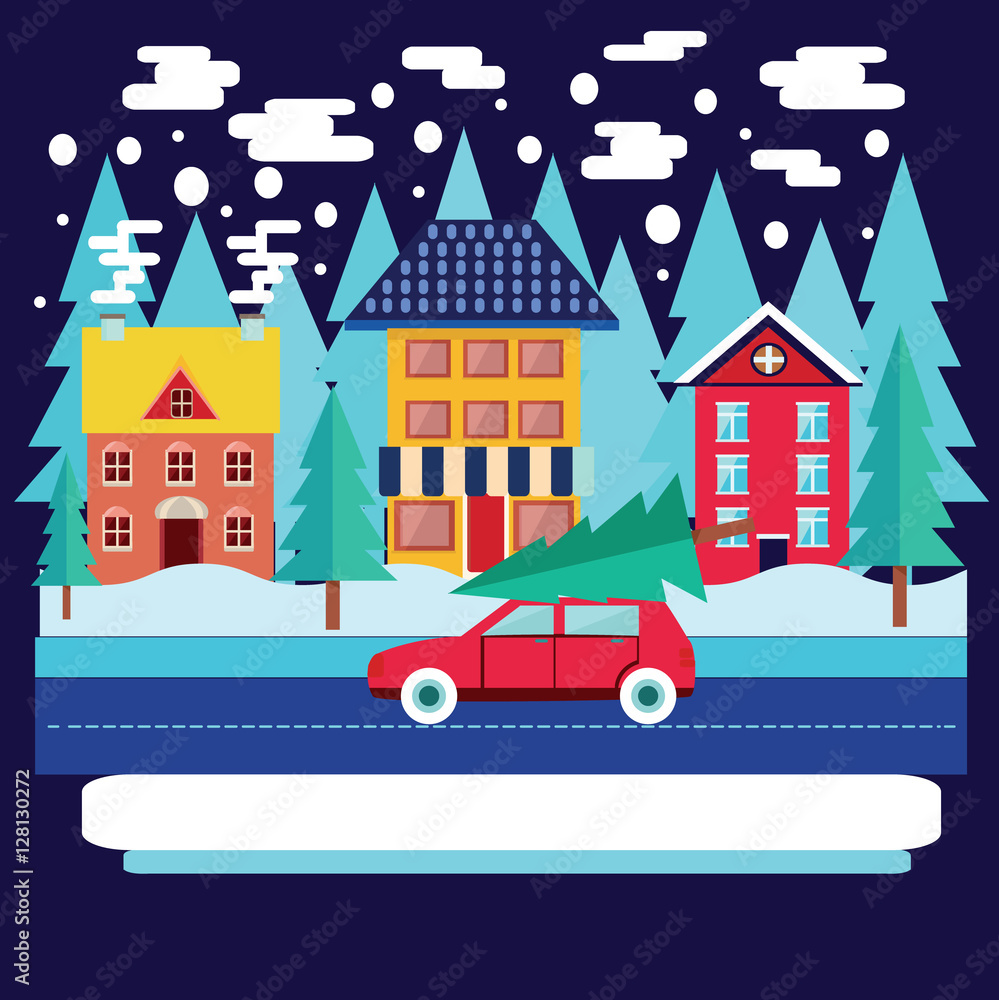 Winter city landscape with firs in flat style.