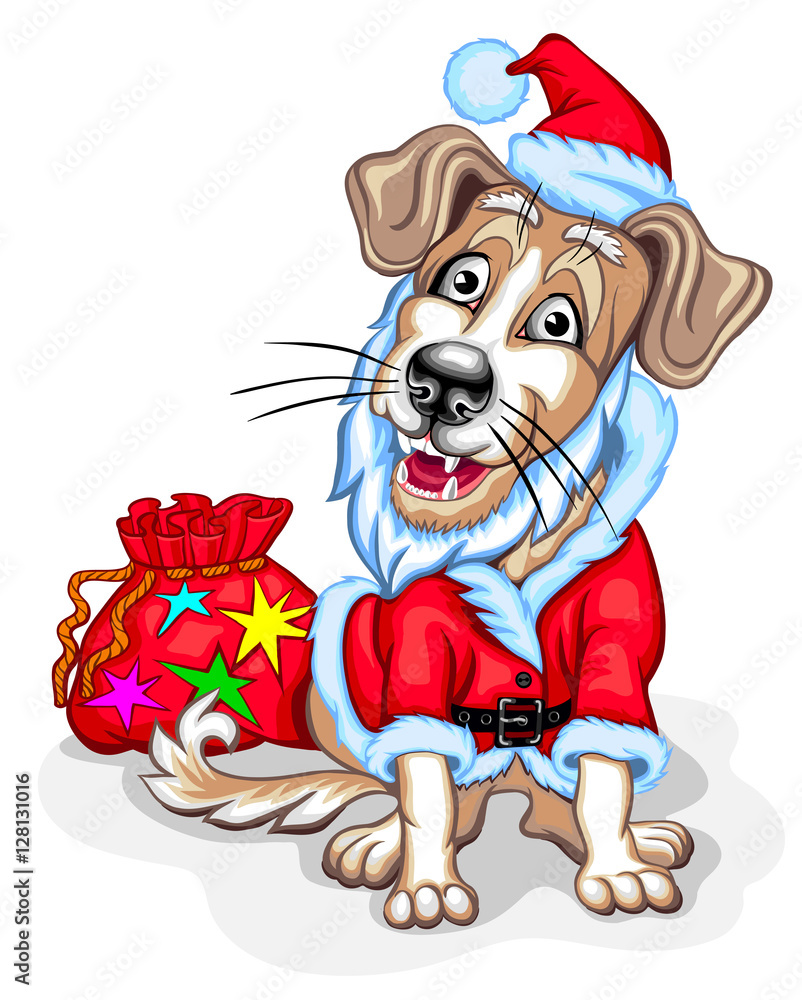 Dog with Christmas gifts. Santa Claus