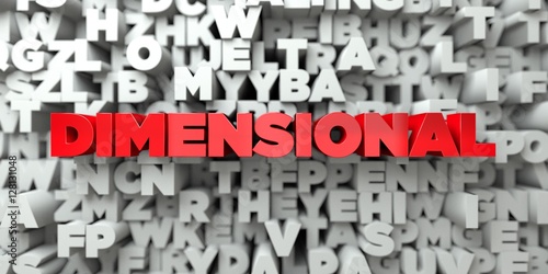 DIMENSIONAL - Red text on typography background - 3D rendered royalty free stock image. This image can be used for an online website banner ad or a print postcard.