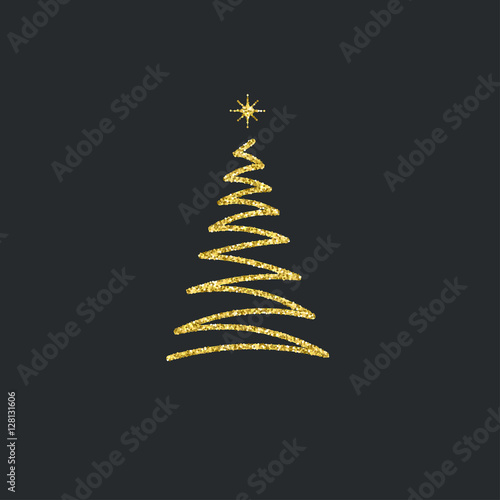 Silhouette of a gold Christmas tree with glitter effect on a black background. Vector illustration.