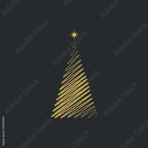 Silhouette of a Christmas tree with a star diagonal with geometric lines on a black background. Gold glitter effect. Vector illustration.