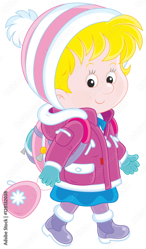 Little schoolgirl in a winter jacket and a warm hat and mittens going with a schoolbag Little schoolgirl in a winter jacket and a warm hat and mittens going with a schoolbag