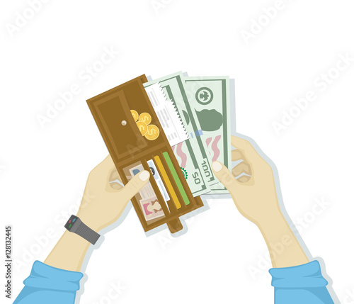 Open wallet with cash money and credit cards, gold coins, checks, driver's license in man hands isolated on white background. Human hands putting cash dollars. Payment concept. Vector in flat design
