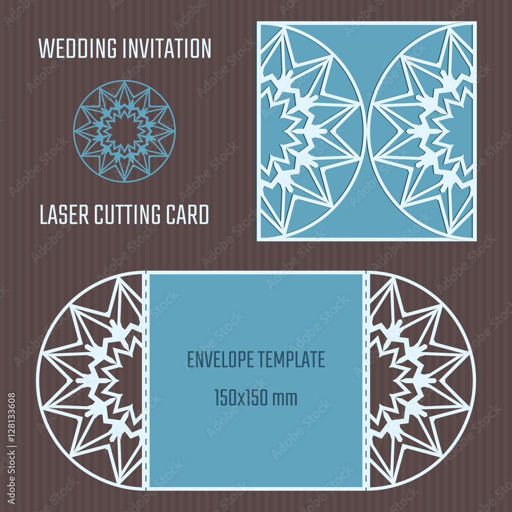DIY laser cutting vector envelope. Wedding die cut invitation template. Cutout silhouette card. Fretwork envelope. Paper cutting. Scrapbook cutout template.
