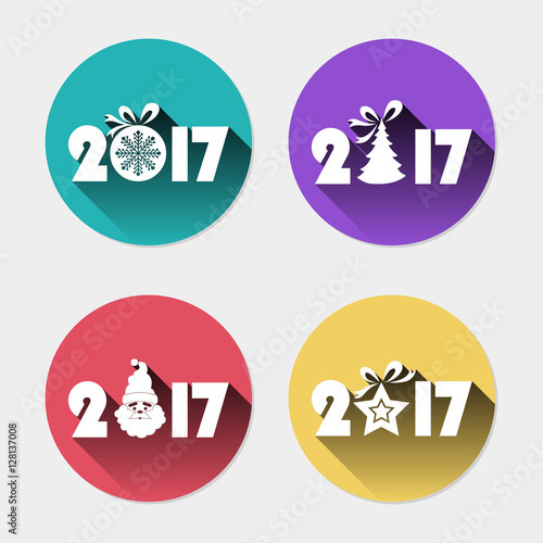 icon set of 2017 year with christmas tree toys. flat design style with long shadow. part two