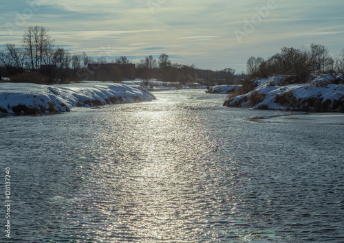 Wallpaper Mural Winter landscape, river glistens under the rays of the low sun Torontodigital.ca