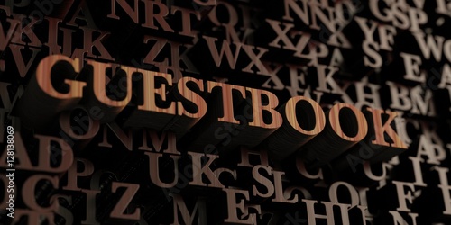 Guestbook - Wooden 3D rendered letters/message. Can be used for an online banner ad or a print postcard.