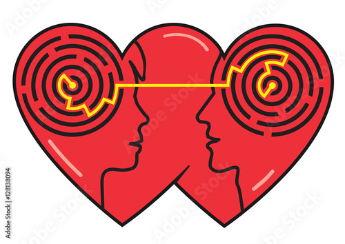 Psychology of love.
Couple heads silhouettes with maze symbolizing understanding between man and woman. Vector available.