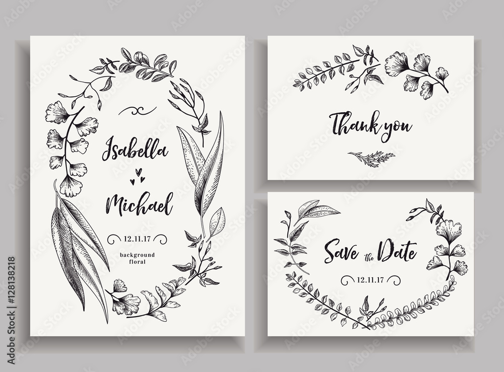 Set of wedding cards with leaves and herbs.