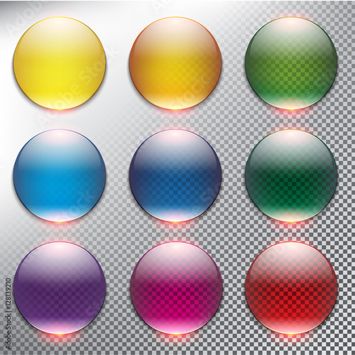 Abstract vector web buttons set of 9. Isolated with realistic, transparent glass shine and shadow on the light background. Vector illustration. Eps10. © nikolabras