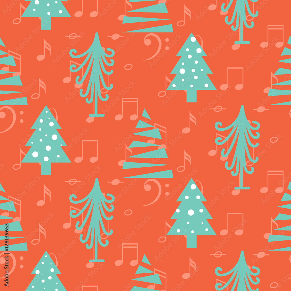 Christmas trees simple seamless red vector pattern. Creative green fir-tree scrapbook paper design. Red background with music notes.