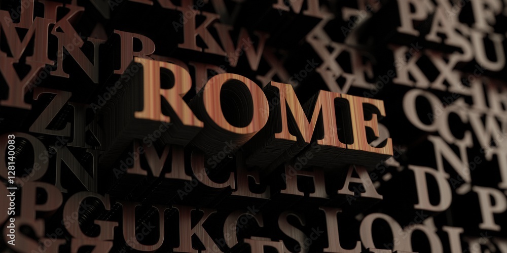 Rome - Wooden 3D rendered letters/message.  Can be used for an online banner ad or a print postcard.