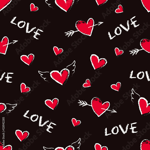 Happy Valentine Day seamless pattern. Vector cute hand drawn red hearts with angel wings and arrows. Seamless texture for wallpapers, pattern fills, web page backgrounds.