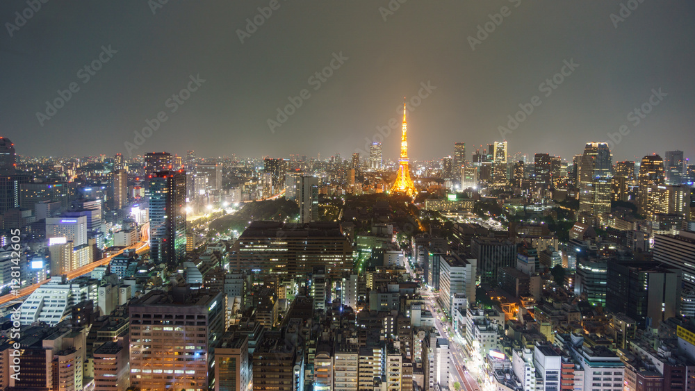 Night view of Tokyo with tower, long exposure