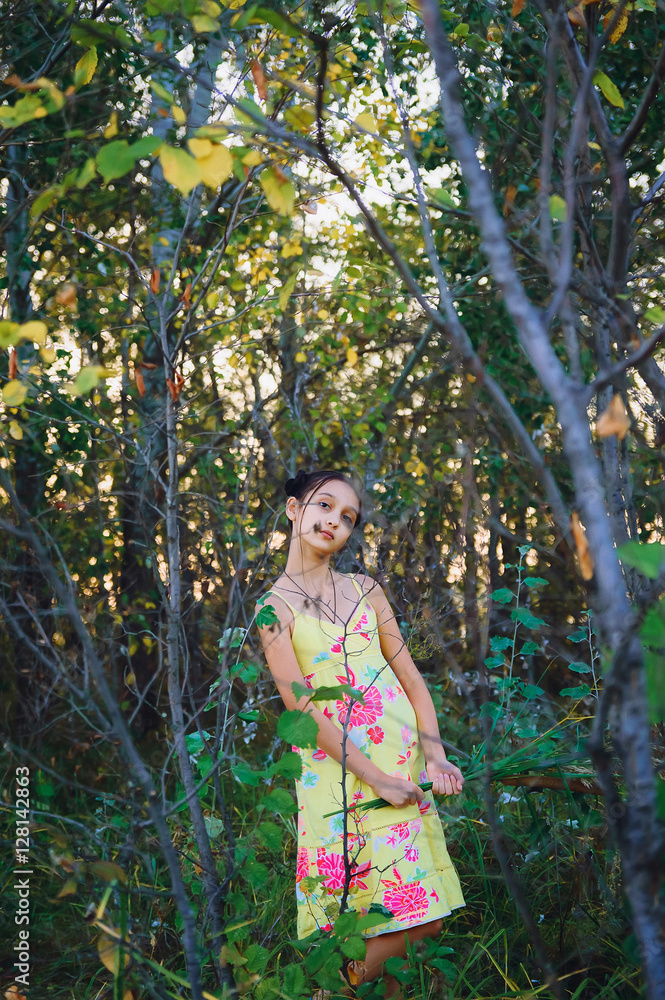 Portrait teen girl among the trees, summer Portrait teen girl among the trees, summer