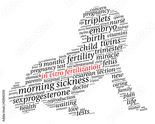 In vitro fertilization. Word cloud, baby silhouette, italic font, white background. The miracle of birth.
