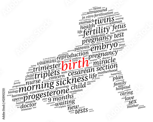Birth. Word cloud, baby silhouette, italic font, white background. The miracle of birth.