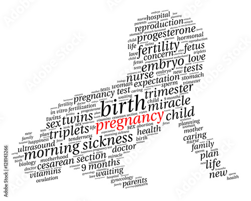 Pregnancy. Word cloud, baby silhouette, italic font, white background. The miracle of birth.