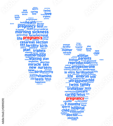 Pregnancy. Word cloud, trace feet, white background. The miracle of birth.