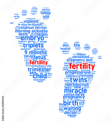Fertility. Word cloud, trace feet, white background. The miracle of birth.