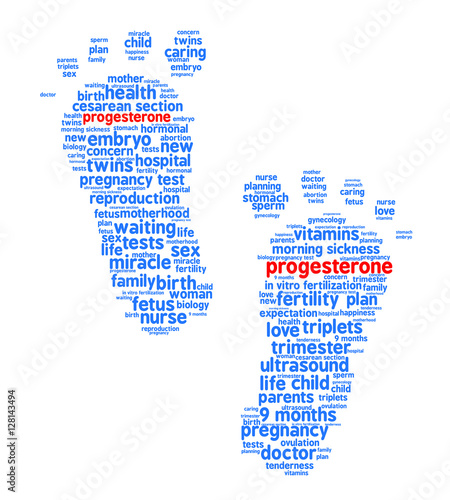 Progesterone. Word cloud, trace feet, white background. The miracle of birth.