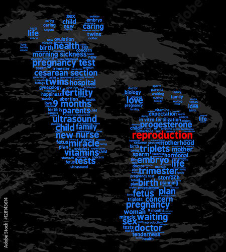 Reproduction. Word cloud, feet traces, grunge background. The miracle of birth.