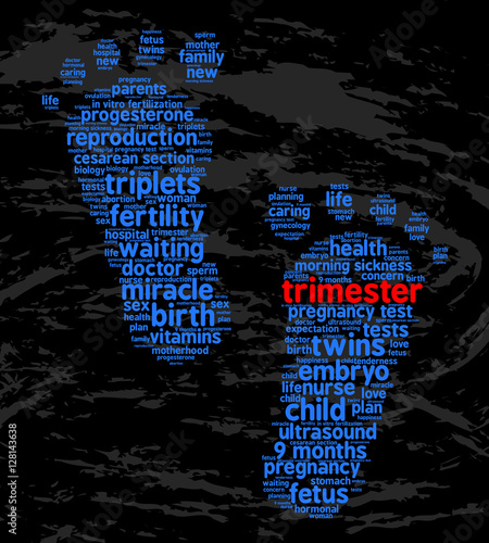Trimester. Word cloud, feet traces, grunge background. The miracle of birth.