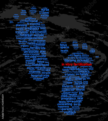 In vitro fertilization. Word cloud, feet traces, grunge background. The miracle of birth.