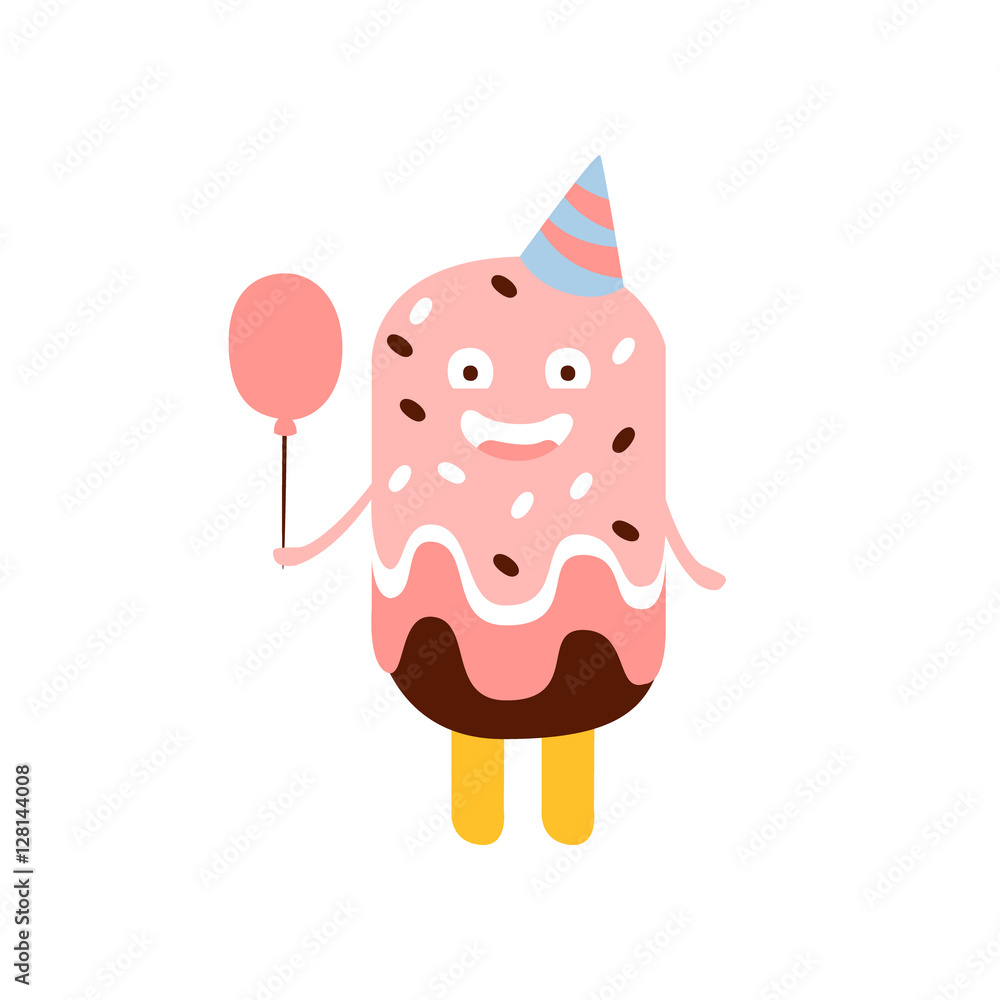 Ice-Cream On A Stick Children Birthday Party Attribute Cartoon Happy Humanized Character In Girly Colors Ice-Cream On A Stick Children Birthday Party Attribute Cartoon Happy Humanized Character In Girly Colors