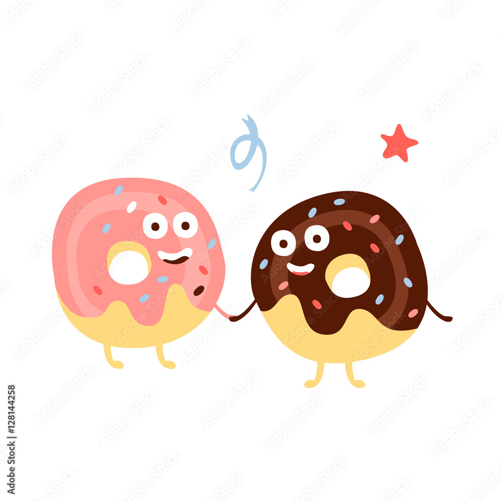 Two Doughnuts Holding Hands Children Birthday Party Attribute Cartoon Happy Humanized Character In Girly Colors Two Doughnuts Holding Hands Children Birthday Party Attribute Cartoon Happy Humanized Character In Girly Colors