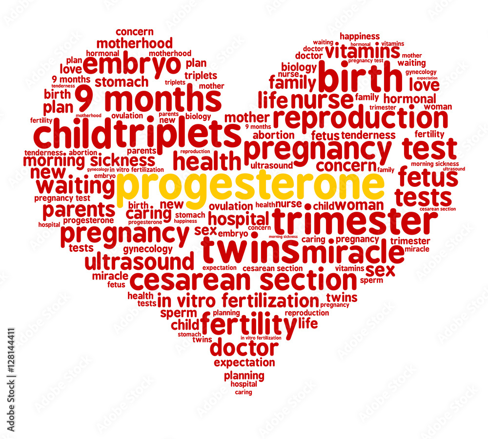 Progesterone. Word cloud, red heart, white background. The miracle of birth. Progesterone. Word cloud, red heart, white background. The miracle of birth.