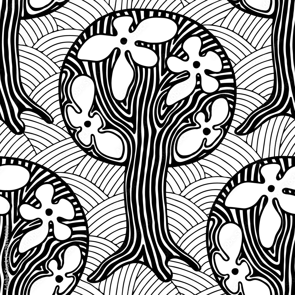 Obraz premium Seamless pattern, vector hand drawn repeating illustration, decorative ornamental stylized endless trees. Black and white abstract seamles graphic illustration. Artistic line drawing silhouette.