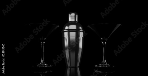 3d rendering metal shaker and cocktail glass on black background