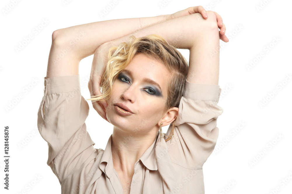 Portrait of a fashion model girl posing on a white background isolated. Portrait of a fashion model girl posing on a white background isolated.