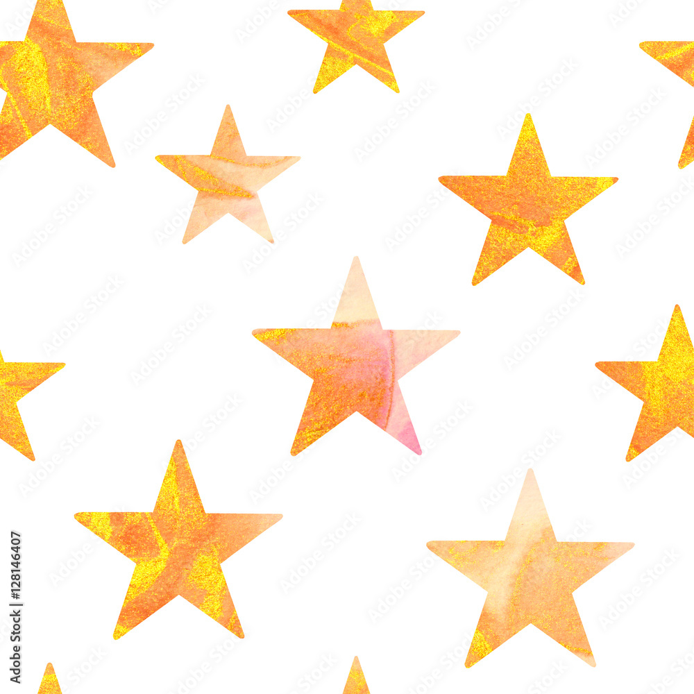 Seamless pattern with gold and pink watercolor stars on white background. Seamless pattern with gold and pink watercolor stars on white background.