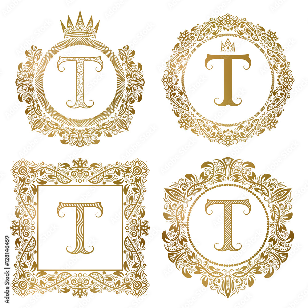 Golden letter T vintage monograms set. Heraldic coats of arms, round ...