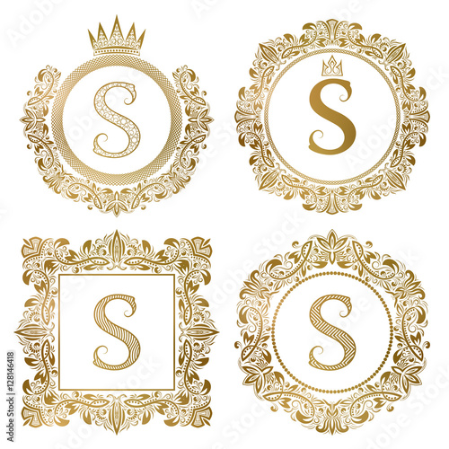 Golden letter S vintage monograms set. Heraldic coats of arms, round and square frames.
