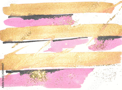 Abstract gold, pink and black watercolor stripes and golden glitter on white background.