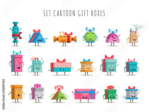 Funny gift boxes characters cartoon with bows and ribbons vector big set isolated. Christmas, new year, holiday, birthday gift box set. Packaging with various paper decor