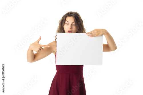 girl in red dress with white placard