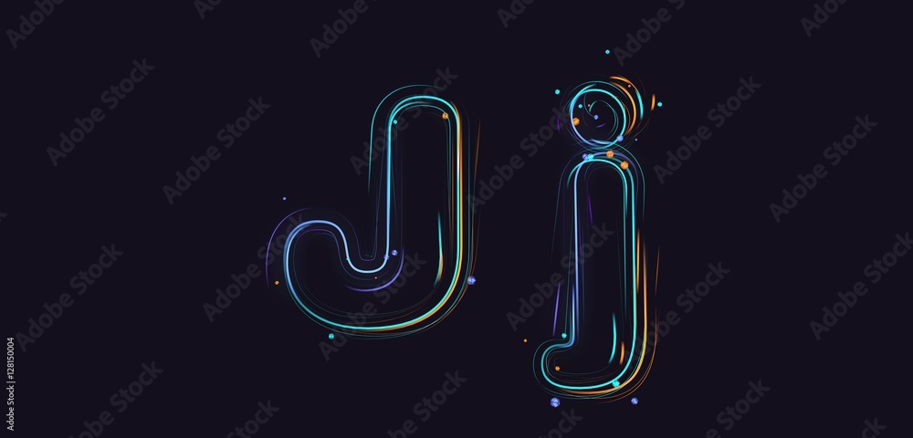Fototapeta premium 3d rendering colorful strokes and particles typeface illustration on dark background j