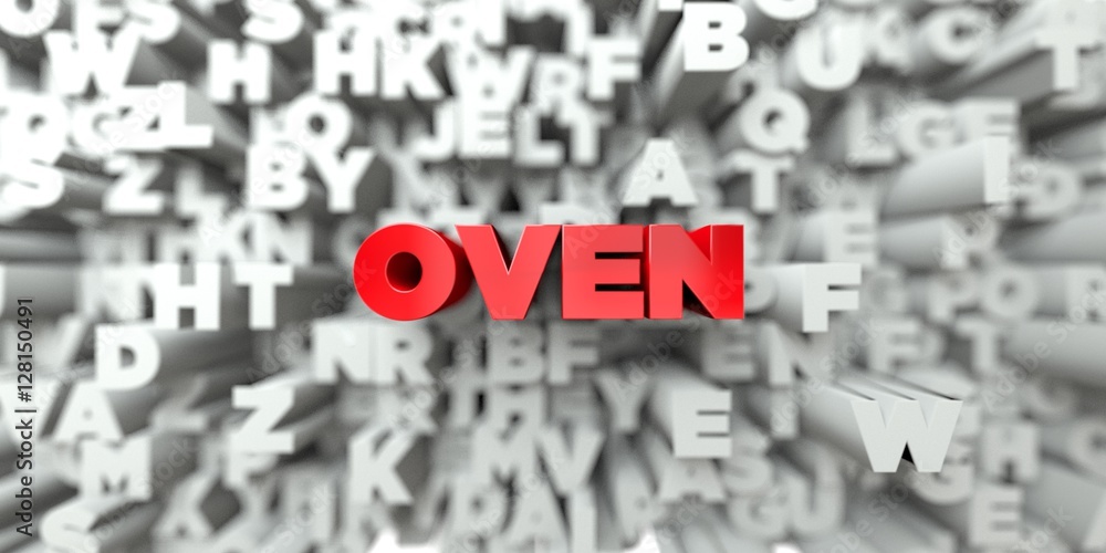 OVEN -  Red text on typography background - 3D rendered royalty free stock image. This image can be used for an online website banner ad or a print postcard.