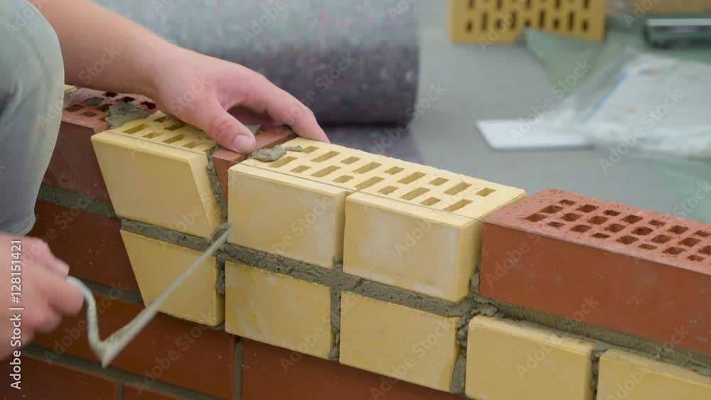 A worker man inserting a small piece of brick in between the big yellow and red bricks with the use of the cement to paste A worker man inserting a small piece of brick in between the big yellow and red bricks with the use of the cement to paste