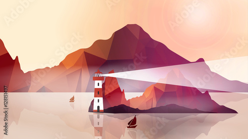 Lighthouse on Island with Navigation Light - Vector Illustration