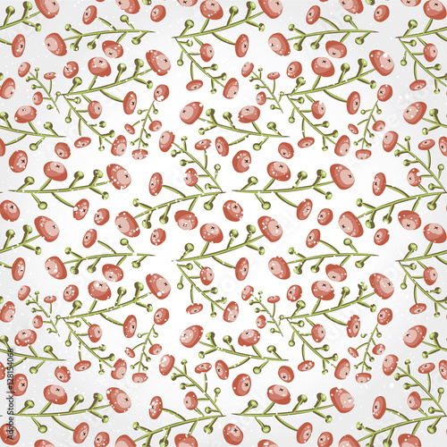 Seamless red berry pattern. Tiled botanical backgrounв with cranberry. Decorative wrapping paper texture design. Cartoon floral ornament. Post card background.