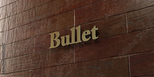 Bullet - Bronze plaque mounted on maple wood wall - 3D rendered royalty free stock picture. This image can be used for an online website banner ad or a print postcard.