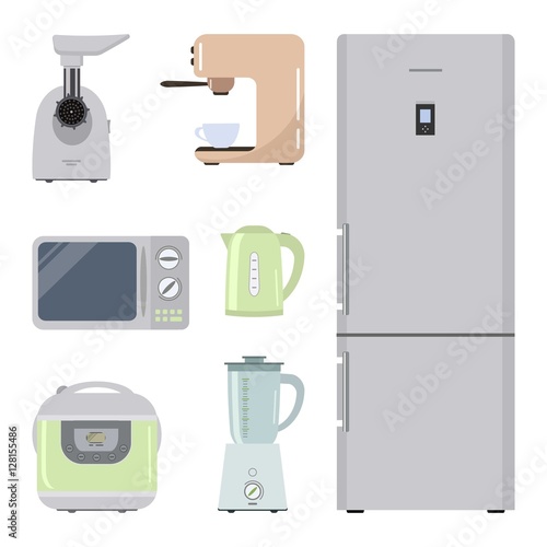 Set of kitchen equipment on a white background. There is a refrigerator, meat grinder, crock pot, kettle, microwave, blender and coffee machine in the picture. Vector illustration