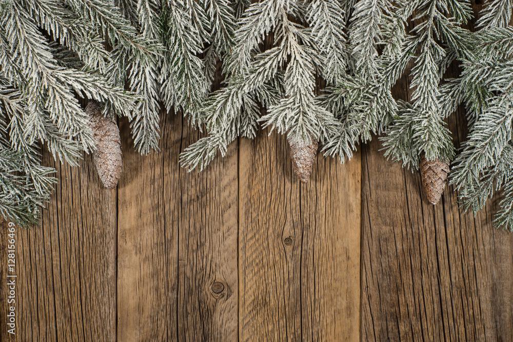 The branch of spruce in the snow on a dark wooden table. The branch of spruce in the snow on a dark wooden table.