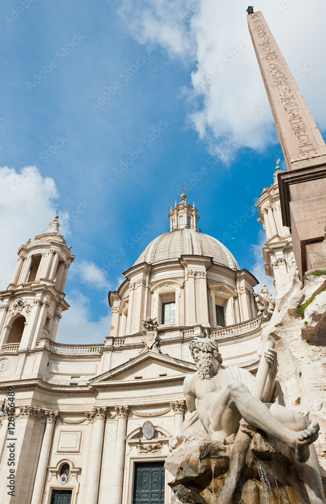Fontana dei Quattro Fiumi (Fountain of the Four Rivers) and Sant' Agnese in Agone, Piazza Navona, Rome, Italy