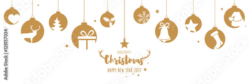Christmas card with hanging gold baubles